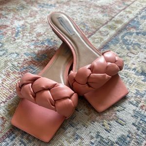 Saks Fifth Avenue pink leather braided slides